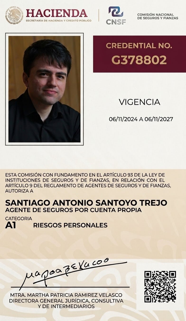 Cédula profesional de Santiago Santoyo autorizada por la CNSF
